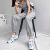 Drawstring Reflekterande Stripe Sweatpants Kvinnors Spring Line Harness Foot Byxor Hög Midja Lösa Tränar Joggers Kvinnor 210522