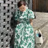 Корейский шик Летняя квадратная шейка сзади однобортное цветочное платье женщин кружев на талии свободный ретро слойки с коротким рукавом Vestidos 210610