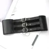 Belts Fashion Alloy Women Elastic Three-Row Pin Buckle Wide-Brimmed Belt Vintage Punk Style PU Leather Dress Decorative