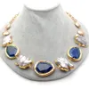 YYGEM 21'' natural Blue Lapis chunk Grey Keshi Pearl Yellow Gold color Chain choker Necklace classic for women