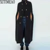 Za Kvinnor Retro Style Knapp Dekoration Lång Bat Cape Woolen Coats Höst Vinter Loose Coat Kvinna Mode Black OuterWear 210602