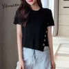 Yitimuceng O-neck Woman Tshirts Irregular Tops Moda Solid Short Tees Summer Button Roupa Feminina Confortável Streetwear 210601
