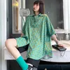 [EAM] Kobiety Zielony Duży Rozmiar Kwiat Druku Bluzka Lapel Pół Rękaw Loose Fit Koszula Moda Wiosna Lato 1DD7413 21512