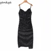 Mode Femmes Vintage Polka Dot Hem Slits Sling Sexy Dress Romantique Dos Nu Col En V Sans Manches Party Night Out Robes 210514