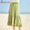 Fashoin Koreanische Sommer Langen Rock Frauen Spitze Patchwork Laciness Hohe Taille Ästhetische Midi Plissee Weibliche 210421