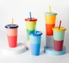 710ml 온도 색상 교환 컵 플라스틱 텀블러 콜드 음료 병 짚과 뚜껑 마술 컵 여름 음료웨어