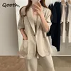 Qooth Retro One-Boutton Loose Blazer Blazer Sold All Match и широкие брюки с широким ногами повседневные длинные брюки QT631 Женские костюмы BL