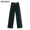 Kvinnor Mode Side Fickor Faded Wide Leg Jeans Vintage High Waist Zipper Fly Denim Kvinna Trousers Mujer 210416