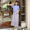 Vintage Purple Floral Print Geplooide Lange Rokken Zomer Vrouwen Koreaanse Rok Stijl Streetwear Elastische Taille Midi Saia 210421