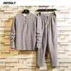 Shirt Trousers Korean Fashion Summer Long Sleeve Shirt Man Cotton and Linen Clothing Casual Black Khaki White Tracksuit Set 210412