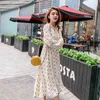 Primavera Autunno Donna Abiti lunghi in chiffon Plus Size Elegante coreano Dot Fasciatura Tunica Flare Sleeve Lace Up Abiti 210513