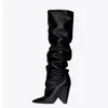 Kvinnor Stövlar Slip på Knä High Boot Cone Heels Pläterad Fashion Highs Heel Ladies Design Shoes Knight Shoe