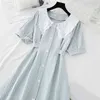 Summer Dress Women Short sleeve sweet Doll collar Plaid Cotton Linen Dresses Vintage Single-breasted Long Dress Femme Vestido 210521