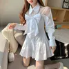 Nomikuma New Bow Tie Women Blouse Dress Perspective Mesh Patchwork Long Sleeve Dresses Pleated A-line Mini Vestidos 6E283 210427