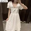 Kadın Tatlı Peter Pan Yaka Oymak Nakış Casual Ince Beyaz MIDI Elbise Femme Chic Puf Kol Vestido DS8266 210416