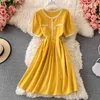 Vintage jurk vrouwen zomer koreaanse gewaad zoete temperament korte mouw vestidos hoge taille slanke plaid a-lijn jurken 210422