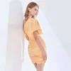 Plaid Ruched Slim Dress For Women Asymmetrical Collar Short Sleeve High Waist Mini Dresses Female Fashion Summer 210520