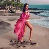 Geïnspireerd roze dot kimono chiffon lange mouw sexy vrouwen cover-ups lange blouse strand bikini tuniek blouse shirt zomer tops 210412