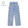 Vår Vintage Wide Leg Jeans Kvinna Long Denim Trousers Cowboy Kvinna Loose Korean Streetwear Heart Flower Print Pants 210515