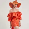 Women's Orange Ruffle Jumpsuit Casual Sexy Top Halter Long Sleeve Summer Ladies' Short 210527