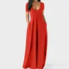 Women Loose Maxi Dress Solid Sexy v Neck Short Sleeve Long Dress with Pocket Summer Casual Beach Sundress Clothing Plus Sizes S-5xl