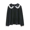 Johnature Casual Velvet Versione coreana Camicie allentate Peter Pan Collar Top femminile Autunno Autunno Manica lunga Donne Camicetta 210521