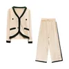 Women V Neck Knitted Single Breasted Cardigan Black Beige Full Length Wide Leg Pants Two Piece Set Elastic T0236 210514