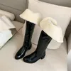 Cuir véritable sur les bottes de genoux femmes Chaussures à talons hauts de laine Square Longues Dames Cuisse Noir 40 210517