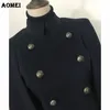 Fashion Women Woolen Coats Cloak Navy Blue Workwear Winter Office Lady Outwear Double Button Autumn Overcoat Cape 210416