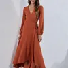 Casual Dresses ATUENDO Autumn Solid Party Dress For Women Fashion Wedding Guest Maxi Robe Leisure Vintage Satin Silk Women's Clothing