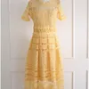 Vestidos De Verano Mujer Women's Korean Temperament Lace Openwork Waist Large Swing Light Yellow Dress Sukienka Letnia 210514