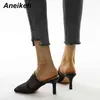 Été Femmes Chaussures Pantoufles Diapositives Maille Talons Minces À L'extérieur Solide Noir Taille 35-41 Mode Adulte Mules 210507