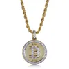 Iced Out Round Pendant Necklace Bitcoin Symbol Gold Plated Mens Hip Hop Necklaces Jewelry