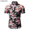 Mens Hipster Slim Fit Short Sleeve Button Down Shirt Casual Floral Print Hawaiian Shirt Men Summer Beach Hawaii Shirt Male 3XL 210524
