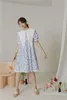 Blue Polka Dot Dress Women Puff Sleeve Big Lace Collar Short A Line Loose Casual Korean Summer 210427