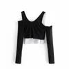 Kobiety Asymetryczne dziewiarskie Krótkie T Shirt Dwa Kawałki Zestaw Dorywczo Femme Z Długim Rękawem Crop Tops T1386 ​​210430