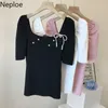 Neploe T-shirt in seta di ghiaccio con fiocco in rilievo e maniche corte in seta estiva con cuciture in pizzo e maniche a sbuffo in maglia elasticizzata per donna Top slim 210422