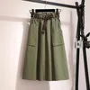 Midi Knee Length Summer Skirt Women With Belt Spring Casual Cotton Solid High Waist Sun School Female 210421