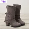 Ny Rom stil fotled stövlar kvinnor rund tå med kvadratklack stövlar vinter blixtlås varma stövlar band dekoration flock boot zapatos y0914