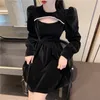 Velvet Evening Party Dress Hollow Out Solid Black Sexy Mini Dresses Women Autumn Winter Vestidos High Waist 19239 210415