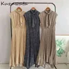 Kuzuwata Chic conception irrégulière imprimer femmes robe nouveau Vintage sans manches drapé robes printemps cordon chemise robes 210331