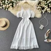 Летние сексуальные спагетти ремешок MIDI платье женщины белый короткий слойный рукав высокая талия на плечо Vestidos Женская пляжная вечеринка халат Y0603