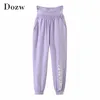 Pantaloni sportivi da jogging in mesh patchwork da donna Pantaloni sportivi lunghi a vita alta da donna Pantaloni viola con stampa di lettere 210414