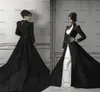 Średniowieczna kaplica pociągu koralików satynowe sukienki ślubne vintage czarne białe gotyckie hafty suknie ślubne z długimi rękawami Dwa kawałki