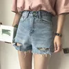 Koreanska modekvinnor denim shorts sommar hög midja tofs rippade hål jeans kvinnliga loss raka kvinnor