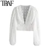TRAF Women Fashion See Through Dot Chiffon Cropped Blouses Vintage Deep V Neck Lantern Sleeve Female Shirts Chic Tops 210401