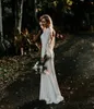Elegante, modische, einfache Landstil-Meerjungfrau-Brautkleider, Brautkleider, lange Ärmel, rückenfrei, mit Knöpfen bedeckt, Strandempfang für Frauen