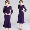 Vintage Designer Women Luxury Patchwork Embroidery Mesh Sexy Open Fork Cocktail Party Robe Purple Beading Fishtail Dress Vestido 210525