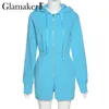 Glamaker Fashion Casual Hoody Romper Bleu Hiver Zipper Automne Combinaison courte Femmes Gris Chic Nouveau Style Short Playsuit 210412