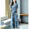 Summer Denim Printed Two Piece Sets Women Short Sleeve Tops + Wide Leg Cropped Pants Suits Office Fashion Elegant 210513